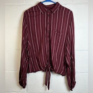 American Eagle Striped Tie Front Button Up Collared Long Sleeve Shirt Size Small